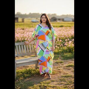 Women Geometric Print Multicolor Maxi Dress Caftan Night Gown Moo Moos Dresses